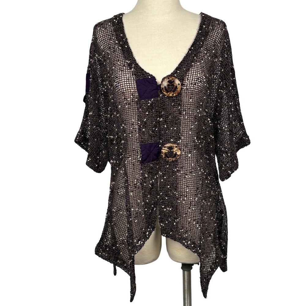Katie Todd Purple Boho Open Knit Cardigan Asymmetrical Hem Button‎ Front Size S
